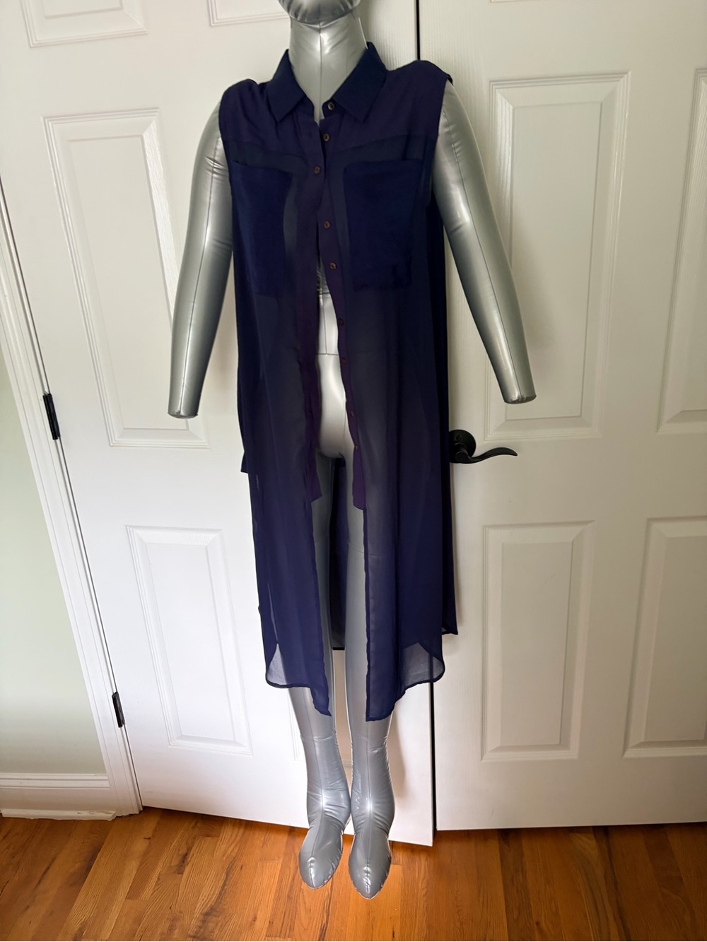 Miss me Sheer Long Navy Button-Front Duster